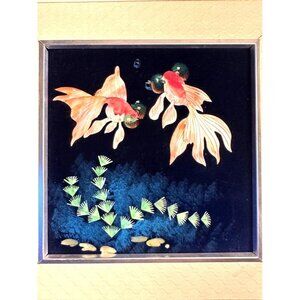 Vintage Asian Goldfish Shell Wall Art Mother Of Pearl on Blue Velvet